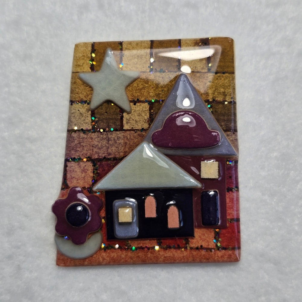 House Pins by Lucinda Brooch Resin Vintage Whimsical Folk Art House Star Glitter